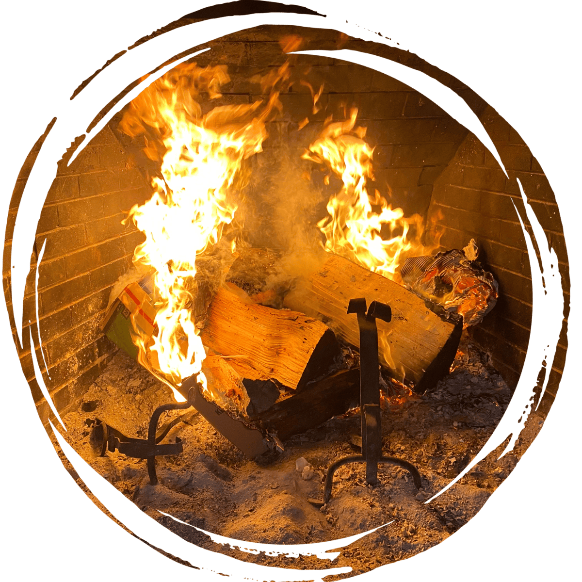 Roaring fire in the fireplace at the Loafing Barn.