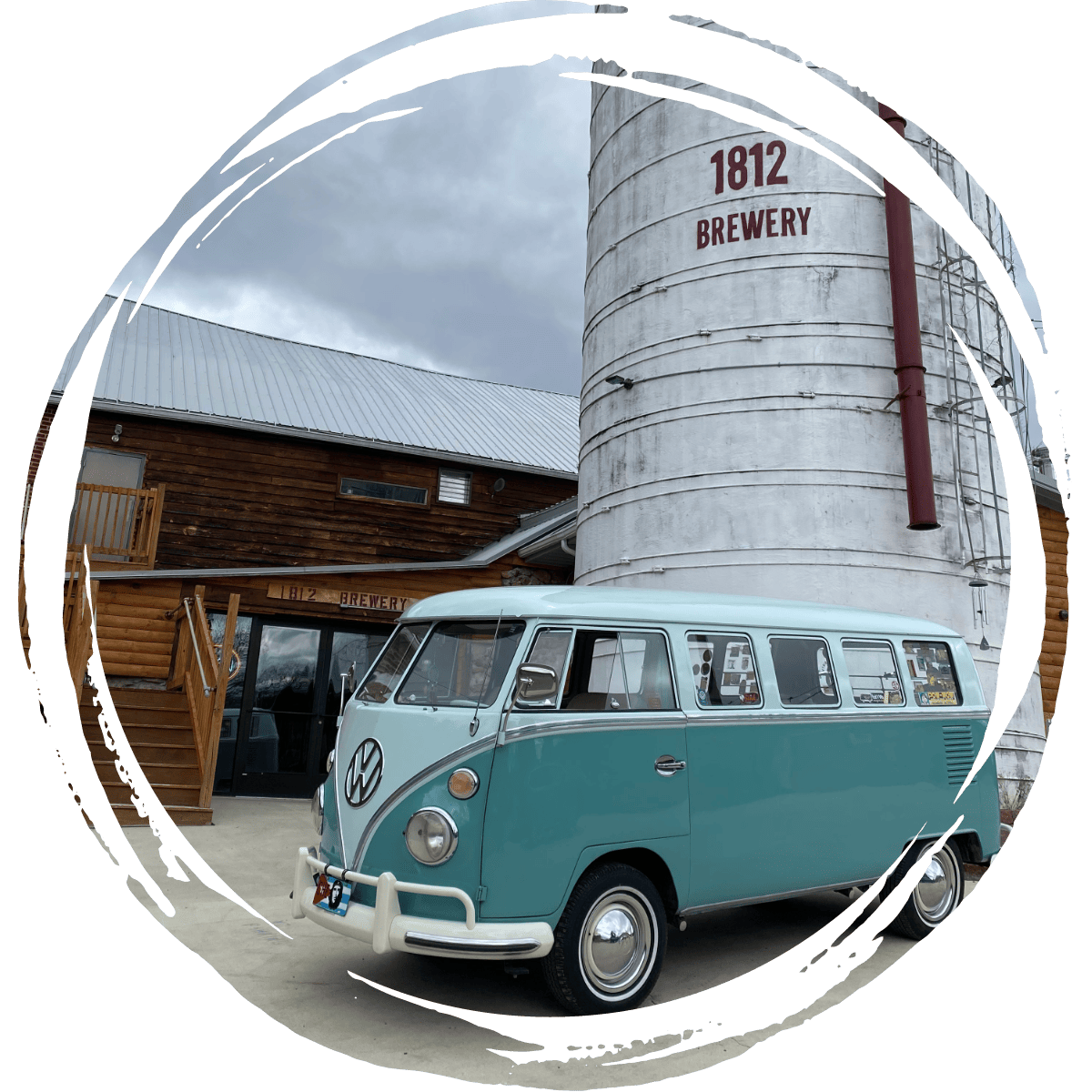VW van in front of the 1812 Brewery silo.